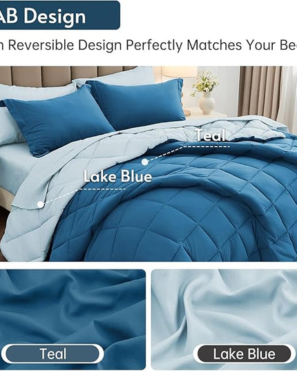 MUXHOMO 5 Pieces Twin XL Comforter Set, Reversible Bed in a Bag Twin XL Size, All Season Bedding Set with Comforter, Flat Sheet, Fitted Sheet, Pillowcases & Shams, Teal & Lake Blue