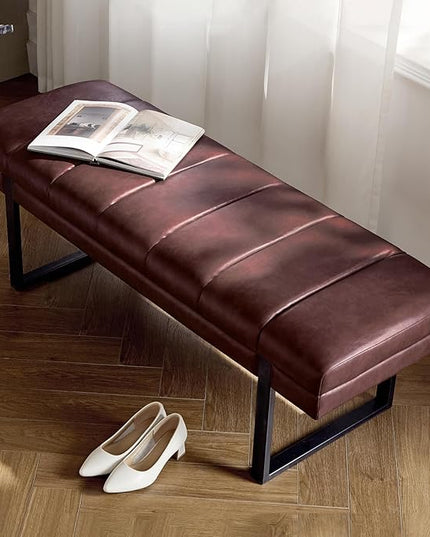 HULALA HOME 53" Faux Leather Entryway Bench, Button Tufted End of Bed Bench Ottoman for Bedroom, Living Room with Metal Base,Brown