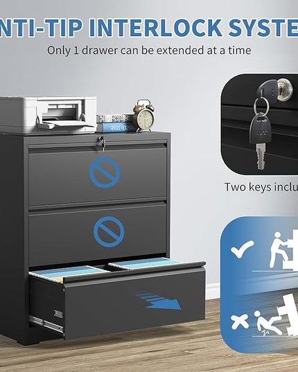 File Cabinets 3 Drawer,Metal Office Storage Filing Cabinet with Lock,Black Lateral Filing Cabinet for Home Office,Horizontal Locking File Cabinets for Legal/Letter/A4,Assembly Require,Black