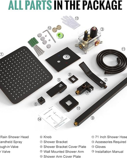 SR SUN RISE Oil Rubbed Bronze Shower System 12 Inches Brass Bathroom Luxury Rain Mixer Shower Combo Set Wall Mounted Rainfall Shower Head System Shower Faucet Rough-in Valve Body and Trim Included