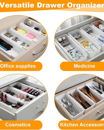 4pcs white drawer organizer Expandable drawer dividers vanity Drawers Storage Tray Expandable drawers organizer trays Dividers to Organize and Store for Bedroom, Bathroom, Kitchen Utensils