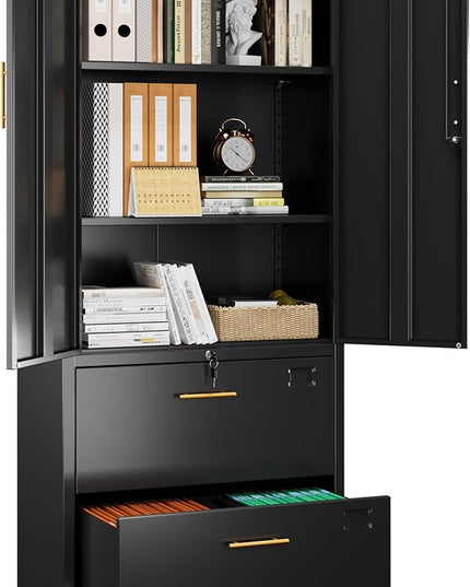 METAN Metal File Cabinet with 2 Drawers and 2 Shelves,Office Filing Cabinet on Wheels with Lock,Office Storage for Letter/Legal Size,Assembly Required,Black