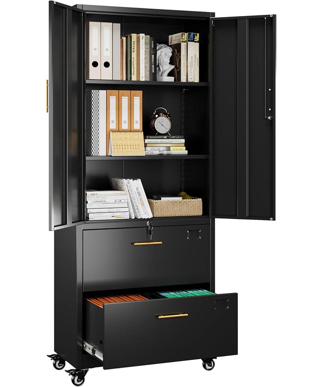METAN Metal File Cabinet with 2 Drawers and 2 Shelves,Office Filing Cabinet on Wheels with Lock,Office Storage for Letter/Legal Size,Assembly Required,Black