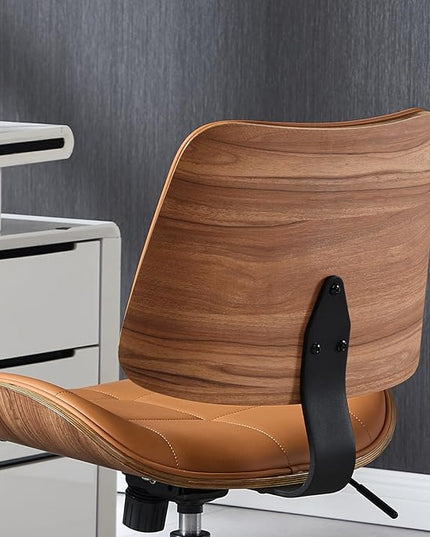 Home Office Desk Chair with Wheels, Adjustable Height Armless Office Chair, PU Leather Mid Back 360° Small Computer Chair, Modern Walnut Chair No Arms for Office, Reading Meeting Room(Brown)