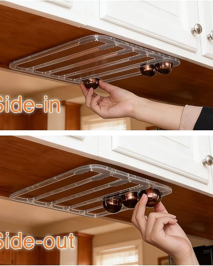 Under Cabinet Coffee Pods Organizer for Nespresso Capsules Vertuo, Holds Up to 24 Capsules in 4 Rails |Enter from One Side, Pull Out from the other|- Color Clear