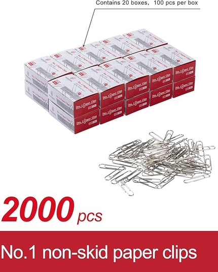 PAPERPAL Paperclips for Office School & Personal Use, #1 Nonskid Paper Clip (1-2/7"), 2000 Medium Paper Clips (20 Boxes of 100 Each), Silver