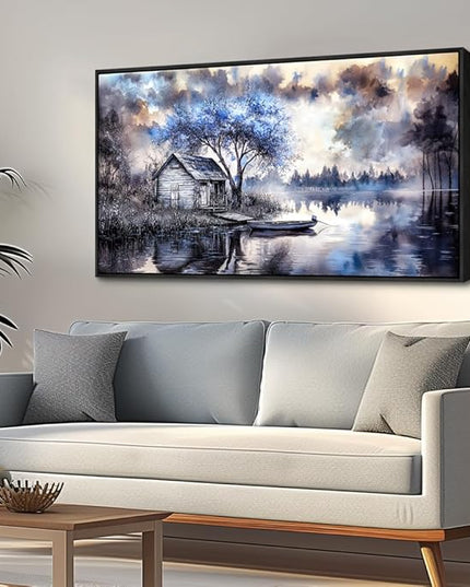 ERQINHUA Large Wall Decor For Living Room Canvas Wall Art For Office Bedroom Blue Tree Lakeside Landscape Painting Black Frame Artwork Pictures Modern Beach Posters Ready To Hang Home Decor 30"x60"