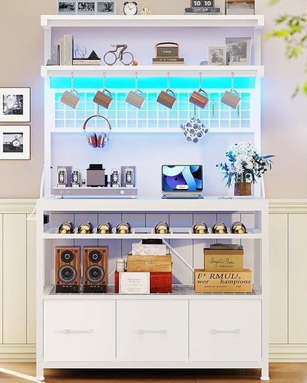 Itaar Bakers Rack with Storage and Power Outlet, 35.4 inch Microwave Stand with Fabric Drawers, Kitchen Coffee Bar Cabinet with Hutch, LED Lights, Wine Rack and Hooks, White