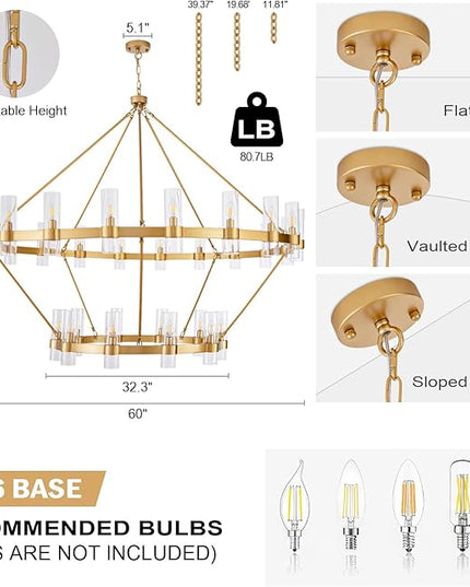 60 Inch Gold Wagon Wheel Chandelier with Glass Shade, 30 Lights, 2 Tier Round Modern Farmhouse Chandelier, High Ceilings Pendant Lighting Fixture for Dining Room, Living Room, Kitchen, Foyer
