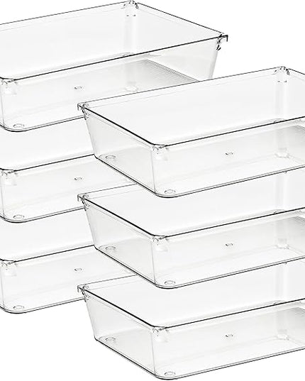 Ravinte 6 Pack Drawer Organizer - 6" X 9" Plastic Storage Bins, Acrylic Organizers with Non-Slip Pads Clear Desk Storage Tray for Makeup, Jewelries, Kitchen Utensils, Bathroom and Office