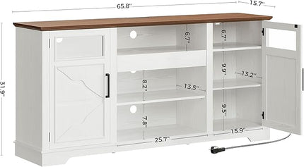 IRONCK 65.8" Farmhouse TV Stand for 60/65/70 Inch TVs, Tall Entertainment Center with LED Lights & Power Outlet, Media Console with Storage Cabinets & Adjustable Shelves for Living Room, White
