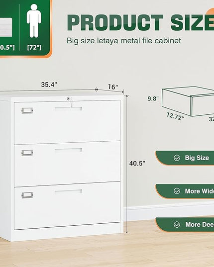 Letaya 3 Drawer File Cabinets with Lock,Metal Lateral Filing Cabinets for Home Office Organization Hanging Storage Letter/Legal/F4/A4(Assembly Required)