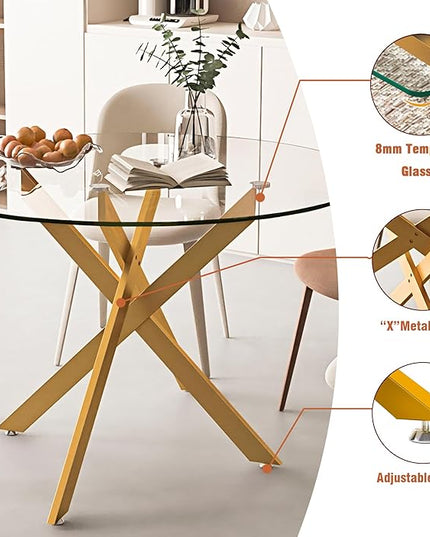 47.24" Round Glass Dining Table Modern Kitchen Glass Top Table for 6 with Gold Metal Legs, Clear Dining Table Kitchen Table for Home Office Dining Room