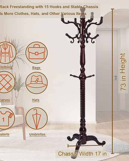 Coat Rack Freestanding with 18 Hooks, Wooden Standing Coat Racks for Entryway, Solid Wood Clothes Hanger Rack with Sturdy Round Base for Entryway, Hall, Bedroom, Office, Hallway (Triangular base)
