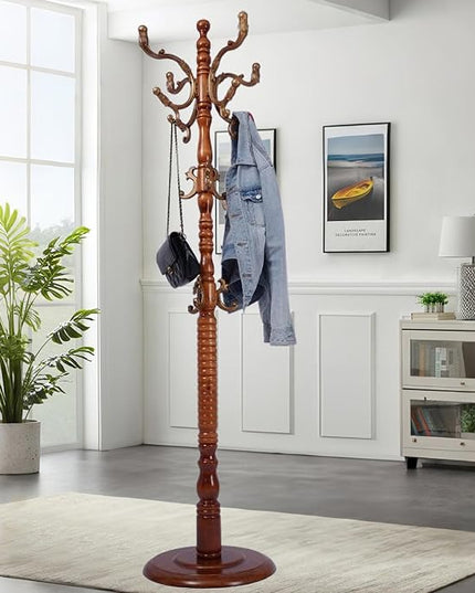 Coat Rack Freestanding with 18 Hooks, Wooden Standing Coat Racks for Entryway, Solid Wood Clothes Hanger Rack with Sturdy Round Base for Entryway, Hall, Bedroom, Office, Hallway (Caramel color)