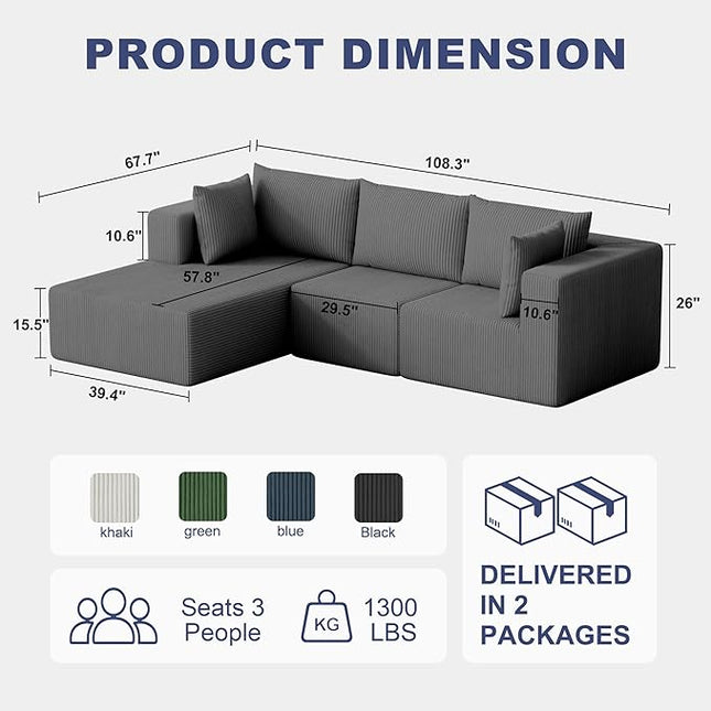 108" Boneless Couches for Living Room, Modular Cloud Couch Sofa - L Shap Corduroy Sectional Sofa, Fluffy Memory Foam Sleeper Sofa Furniture, No Assembly, Wide Armrest, Grey