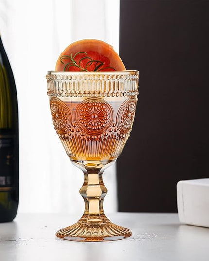 Vintage Wine Glasses Set of 6, 10 Ounces Colored Glass Water Goblets, Unique Flower Embossed Pattern High Clear Stemmed Glassware Wedding Party Bar Glass Drinking Cups Flower Amber Fancy Glasses