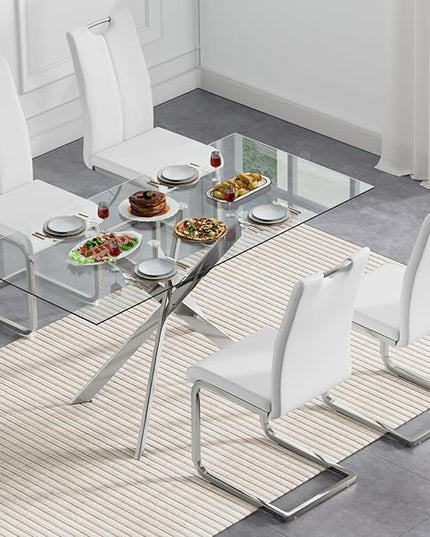 5 Piece Glass Dining Table Set, Glass Kitchen Dining Room Table Set for 4, 61" Modern Rectangular Silver Glass Metal Dining Table with 4 White PU Leather Dining Chairs for Kitchen Dining Room