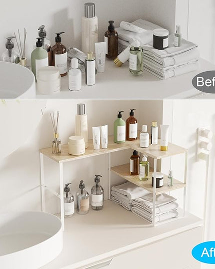 Golener Countertop Organizer Corner Shelf, 2 Tier Adjustable Stackable Corner Shelves for Kitchen, Bathroom, Spice Rack, Coffee Bar, Over Sink, Dresser Table, Corner Counter Shelf Stand, Natural Beige