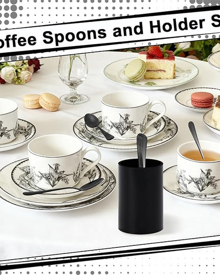 6 PCS Black Coffee Spoons with Holder Small Espresso Coffee Spoons 4.92 Inch Coffee Mixing Spoon Black Dessert Spoon Stainless Steel Tea Spoon Set of 6 for Tea Party Bar