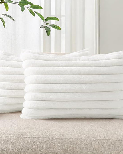 Pallene Faux Fur Plush Lumbar Throw Pillow Covers 12x20 Set of 2, Luxury Soft Fluffy Striped Decorative Pillow Covers for Sofa, Couch, Living Room, White