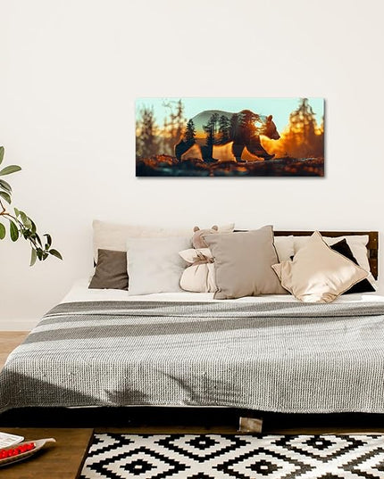 iKNOW FOTO Bear and Forest Canvas Wall Art - Double Exposure Wildlife Photography - Rustic Cabin Decor - Woodland Animal Canvas Prints - Panoramic Pictures for Office, Living Room 20x48