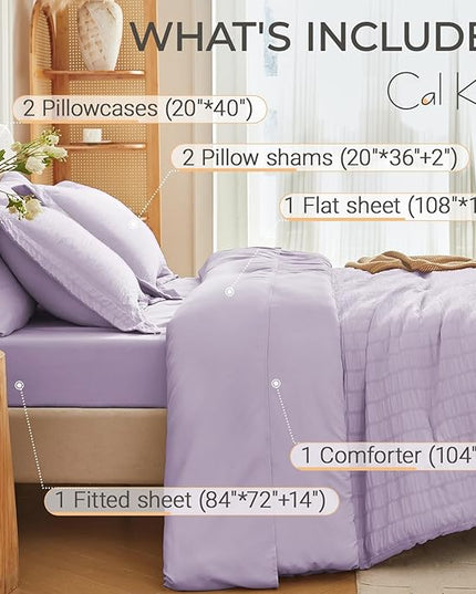 MUXHOMO 7 Pieces California King Comforter Set, Seersucker Bed in a Bag Cal King Size, All Season Luxury Bedding Set with Comforter, Flat Sheet, Fitted Sheet, Pillowcases & Shams, Lavender