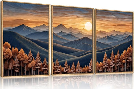HOURIA Boho Wilderness Sunset Woodland Mountain Framed Canvas Wall Art Set,Vintage Golden Hour Forest Landscape Decor,Natural Modern Pine Tree Botanical Artwork for Living Room,Farmhouse-24 x36 x3
