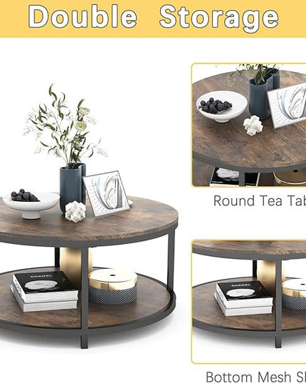 NSdirect 36 inches Round Coffee Table, Rustic Wooden Surface Top & Sturdy Metal Legs Industrial Sofa Table for Living Room Modern Design Home Furniture with Storage Open Shelf (Brown)