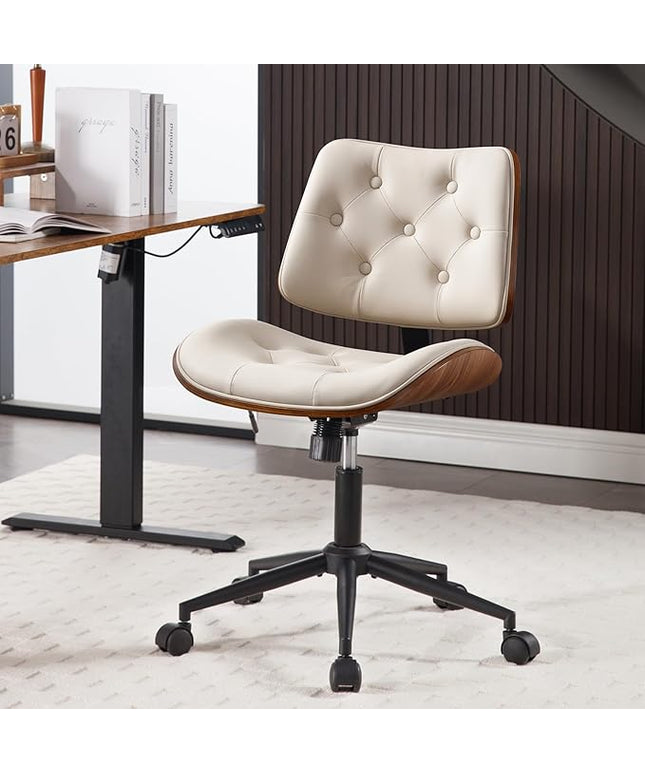 Armless Home Office Chair with Wheels, PU Leather Adjustable Height Computer Desk Chair, 360 Swivel Small No Arms Chair, Modern Button Walnut Style for Office, Reading Meeting Room(Beige)