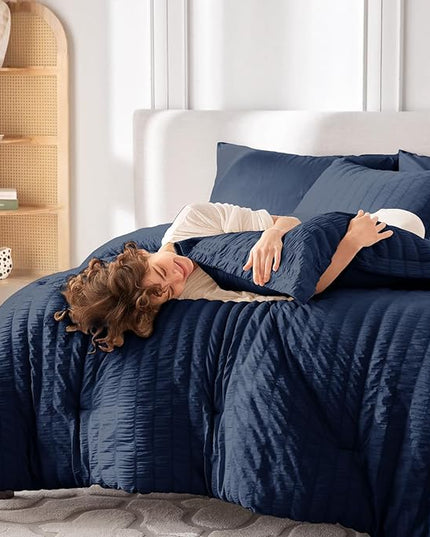 MUXHOMO 5 Pieces Twin Comforter Set, Seersucker Bed in a Bag Twin Size, All Season Luxury Bedding Set with Comforter, Flat Sheet, Fitted Sheet, Pillowcase & Sham, Navy Blue