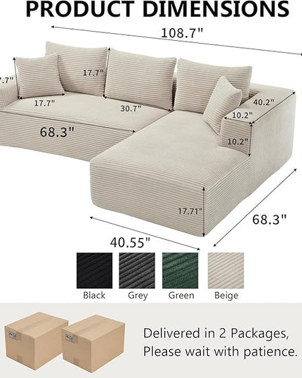 PELUMY 108.7" L-Shaped Modular Sectional Sofa with Oversized Chaise, Cloud Couch with Memory Foam, No Assembly Required Sleeper Sofa for Small Space Living Room, Apartment (Beige, Corduroy)