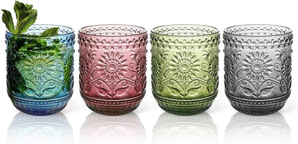 Glass Cups, Vintage Glassware Drinking Glass Set of 4, 12oz Colored Glassware with Sunflower Design, Embossed Floral Decorative Glasses Drinking Set for Cocktail, Wine, Vintage Drinking Glasses