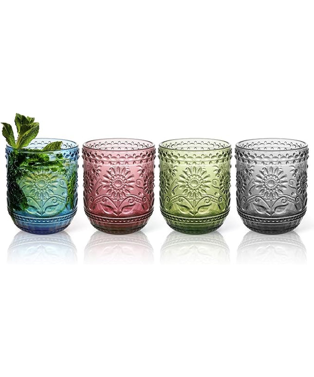 Glass Cups, Vintage Glassware Drinking Glass Set of 4, 12oz Colored Glassware with Sunflower Design, Embossed Floral Decorative Glasses Drinking Set for Cocktail, Wine, Vintage Drinking Glasses