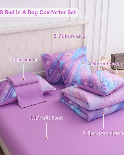 Rainbow Bedding Set Queen Size – 6-Piece Reversible Girls Comforter with Deep-Pocket Sheet, Gradient Galaxy Design, Whole-Piece Filling, Machine Washable Bed-in-a-Bag for Kids Room Makeover & Gifts