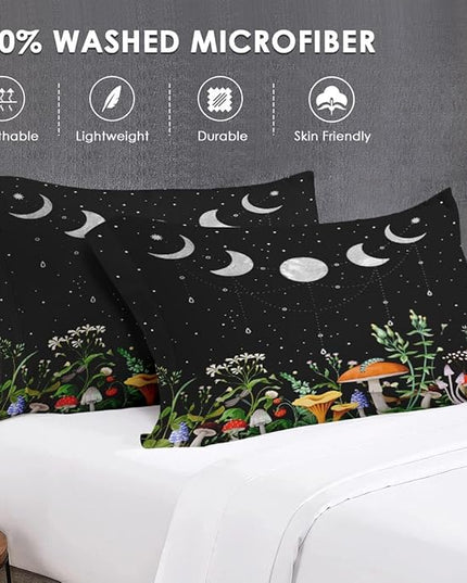 Twin Size Comforter Set with Pillowcase, Mushroom Plant Floral 2 Pcs Bedding for Kids and Adults, Flower Summer Moon Night Soft Comforter Set for Bedroom Bed Decor