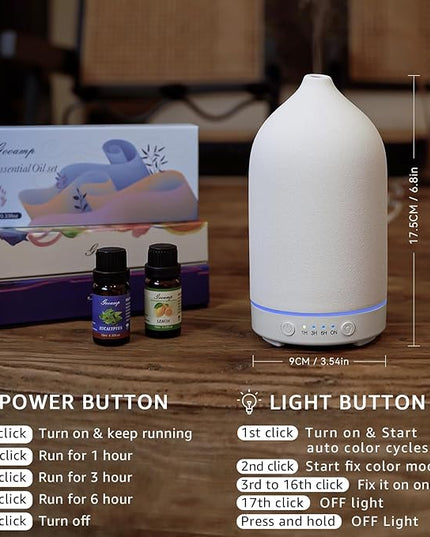 200ML Ceramic Essential Oil Diffuser - Ultrasonic Aromatherapy & Humidifier with 7-Color LED Lights, Auto Shut-Off, White, 1H/3H/6H Timer | Scent for Home,Office,Yoga