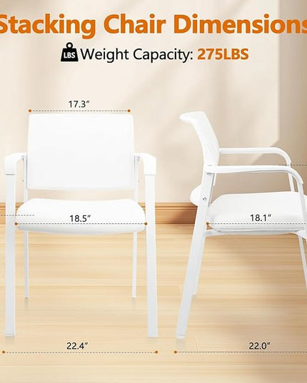 CLATINA Stacking Office Chairs | Mesh Back, Thicken Leather Seat and Arms, Ergonomic Lumber Support | Guest Reception, Waiting, Conference, School, Party, Customer, Side, Stationary | Set of 8, White