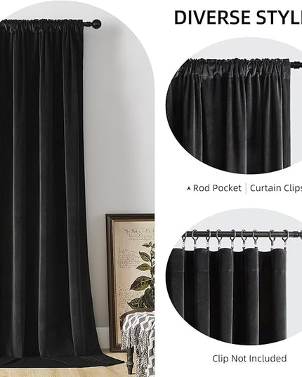 Joydeco Black Velvet Curtains 63 inch Length 2 Panels, Luxury Blackout Rod Pocket Thermal Insulated Window Curtains, Super Soft Room Darkening Drapes for Living Dining Room Bedroom,W62 x L63 inches