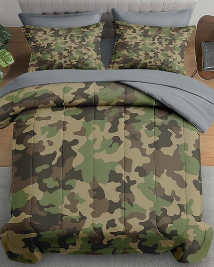 Comforter Set Twin Size, Military Hunting Camouflage 5 Pcs Bedding for Kids and Adults, Brown Green Camo Bed Sheet Sets with Fitted Sheet Pillowcase & Sham