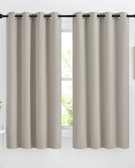 NICETOWN Room Darkening Bedroom Curtains 63 inches Long, Window Treatment Thermal Insulated Solid Grommet Voice Reducing Drapes for Kids Room, Natural, Set of 2, W46 x L63
