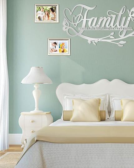 Family Where Life Begins Love Never Ends Word Sign Metal Wall Decor, Silver Home Decor Wall Art Decorations, Letters Quotes Sign for Living Room Bedroom Kitchen Indoor Outdoor Decor(28 x 13in)