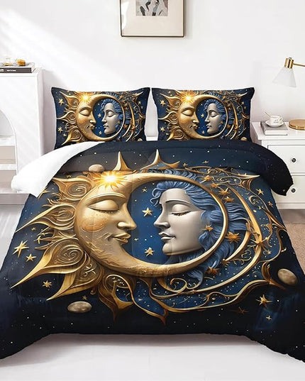AILONEN Sun and Moon Comforter Set Queen Size, Boho Exotic Style Bedding Sets for Boys Girls Adult,Blue Gold Bohemian Mandala Decor Comforter 3 Pieces, Bohemian Celestial Comforter with 2 Pillowcases