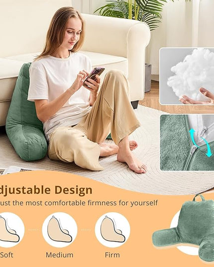 Sasttie Reading Pillow, Velvet Back Pillow for Bed Sitting Up, Adult Back-Rest Support Cushion with Arms for Sit Up on Couch, Sofa, and Floor, Dorm Essentials, Reading Accessories, Sage