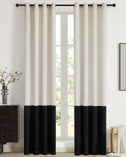 BULBUL Cream Black Color Block Window Curtains Panels 90 inches Long Velvet Farmhouse Drapes for Bedroom Living Roomm Darkening Treatment with Grommet Set of 2