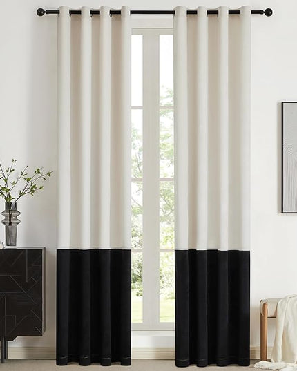 BULBUL Cream Black Color Block Window Curtains Panels 108 inches Long Velvet Farmhouse Drapes for Bedroom Living Roomm Darkening Treatment with Grommet Set of 2