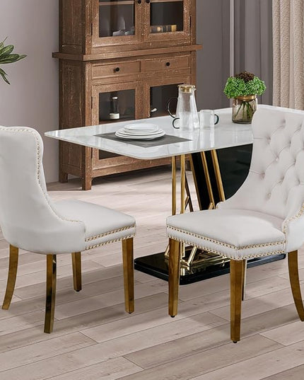 SoarFlash Velvet Dining Chair Set of 2, Upholstered Tufted Dining Room Chair with Nailhead Trim, Solid Gold Plated Leg for Kitchen (Beige)