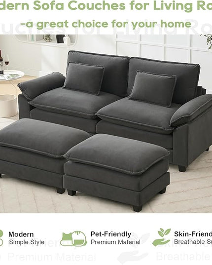 86" Modular Sectional Sofa, Comfy Cloud Couch Sectional Sofa with Ottoman, Velvet Sofa Sleeper Deep Seat Sofa with Throw Pillows for Living Room (Blue Grey)