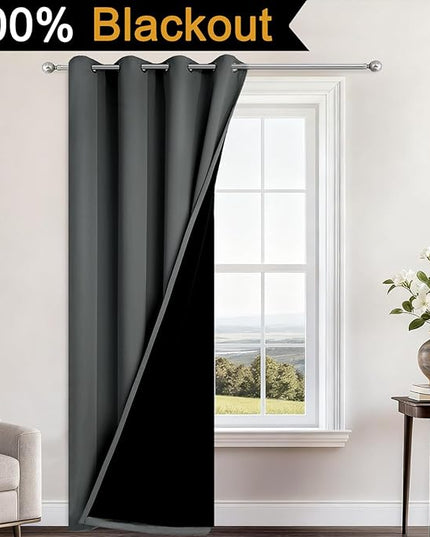 Yakamok 100% Blackout Curtains 96 Inches Long, 2 Thick Layers Heat and Full Light Blocking Soft Thermal Insulated Drapes for Bedroom(52" Wide Each Panel, Dark Grey, 1 Panel)