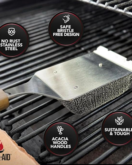 BBQ-AID Bristle Free Grill Brush and Scraper for Barbecue - Extended Large Wooden Handle with Replaceable Head - No Scratch BBQ Cleaning Accessories for Outdoor Grills